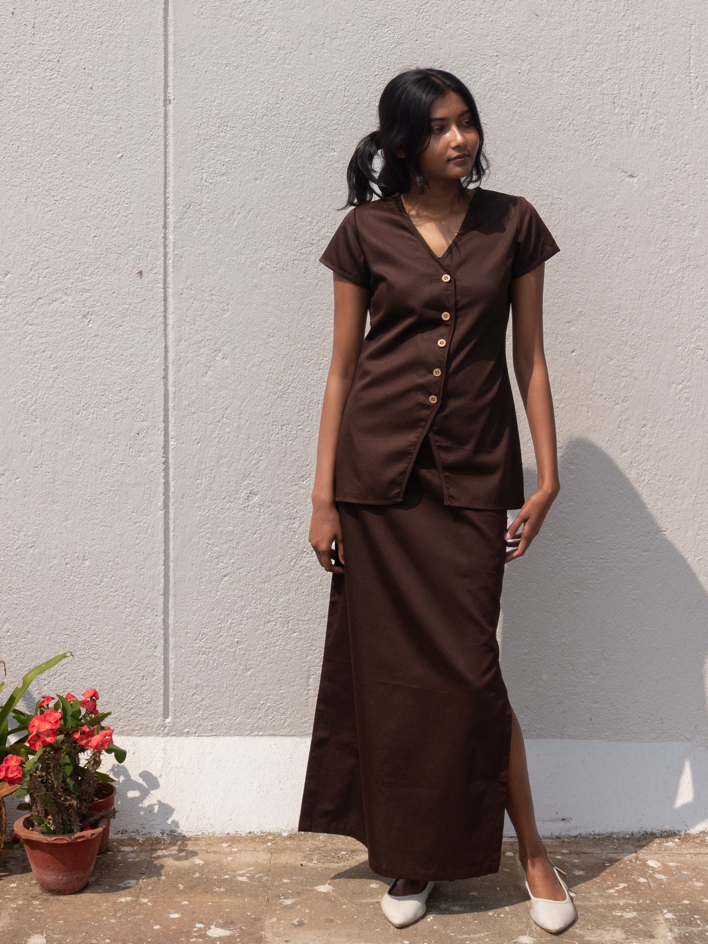 Brown Button Down V-Neck Top