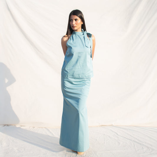 Powder Blue Maxi Knee High Slit Cotton Skirt