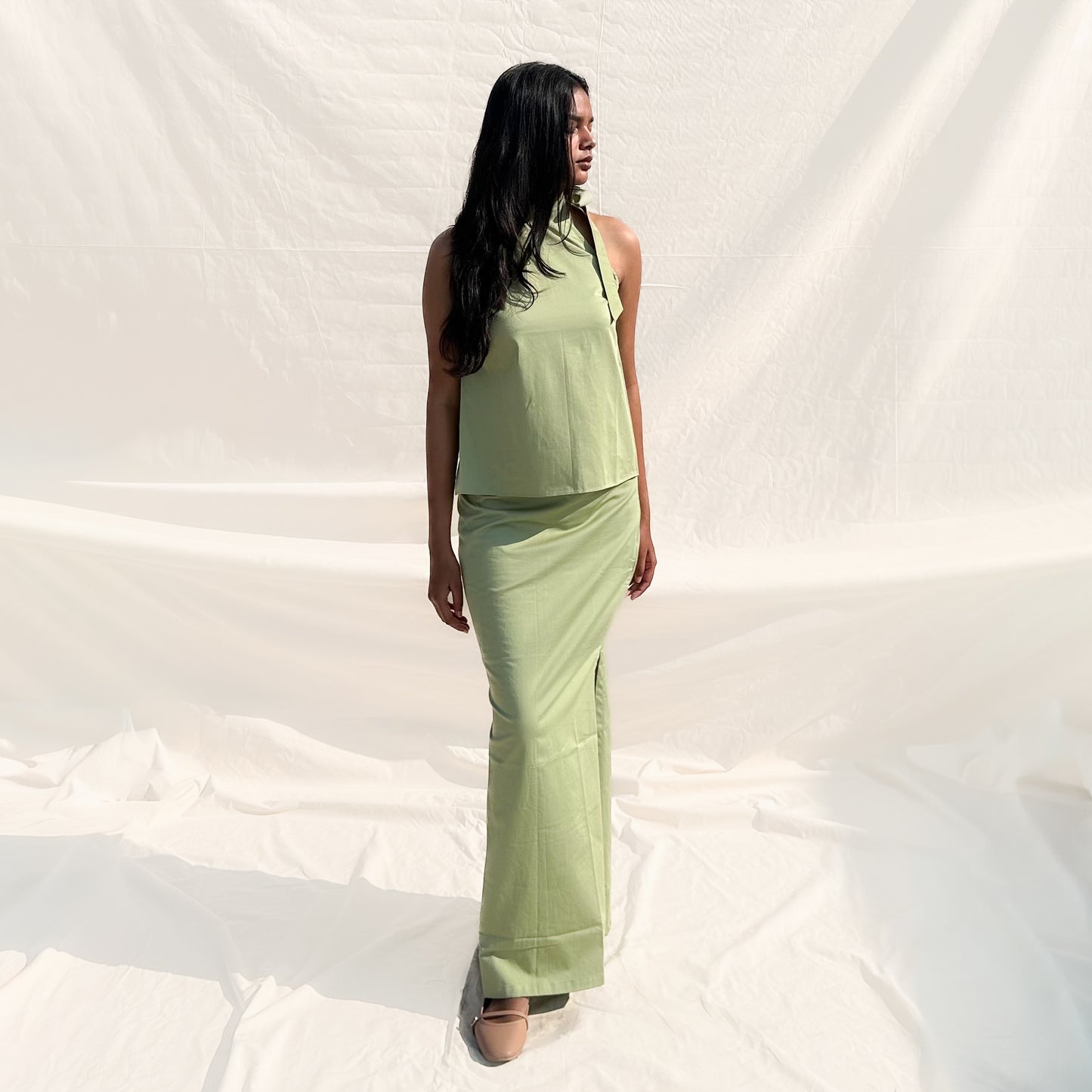 Pista Green Halter Neck Cotton Top