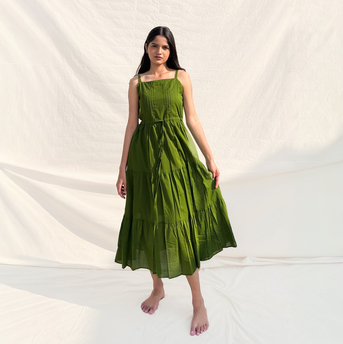 Olive Square Neck Tiered Dress