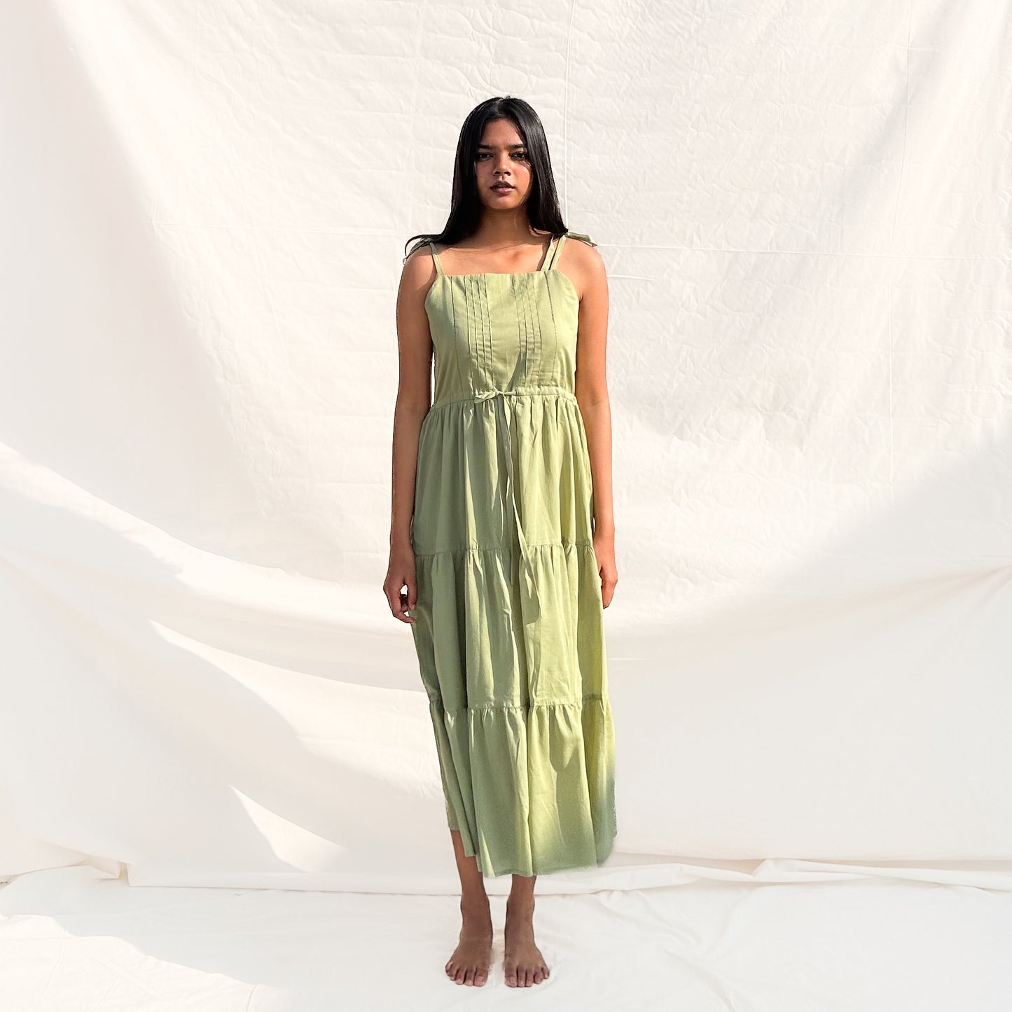 Pista Green Square Neck Tiered Dress