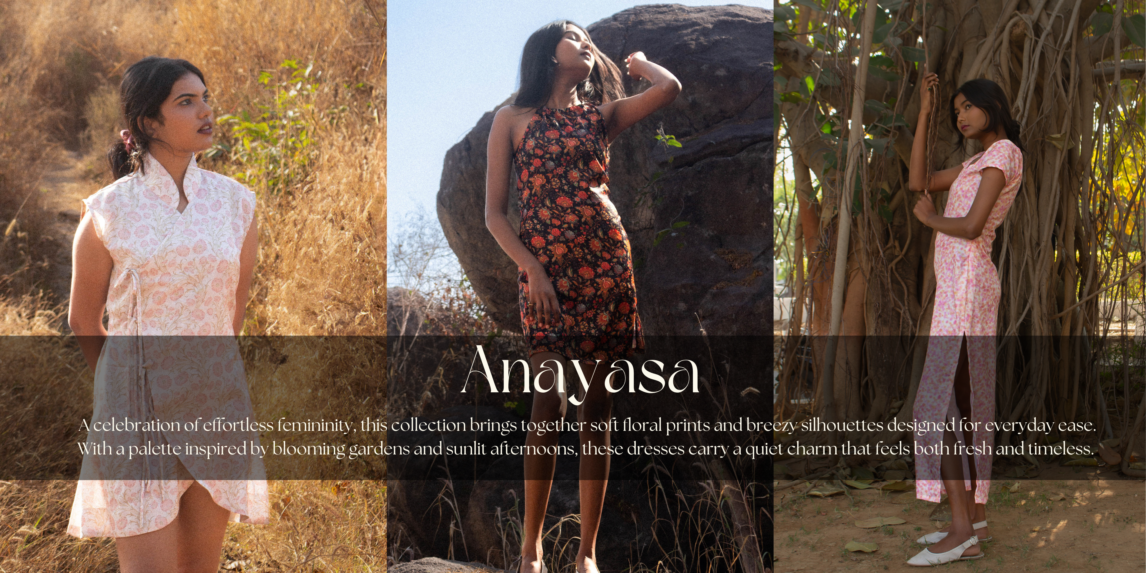 Collage of women in dresses with 'Anayasa' brand text, featuring soft floral prints and earthy tones.