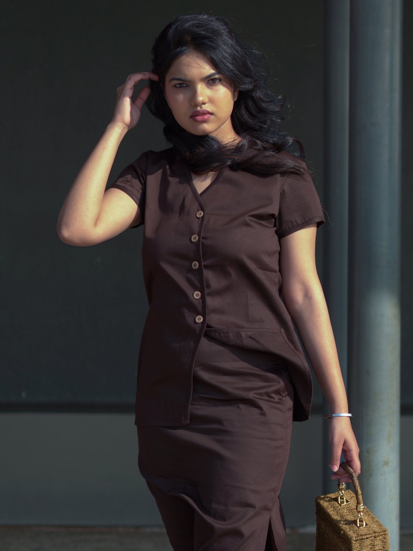 Brown Button Down V-Neck Top