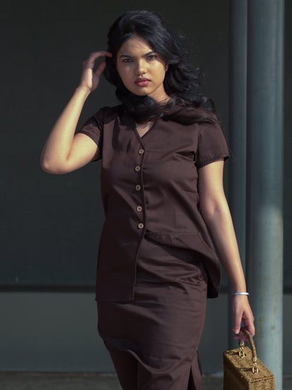 Brown Button Down V-Neck Top