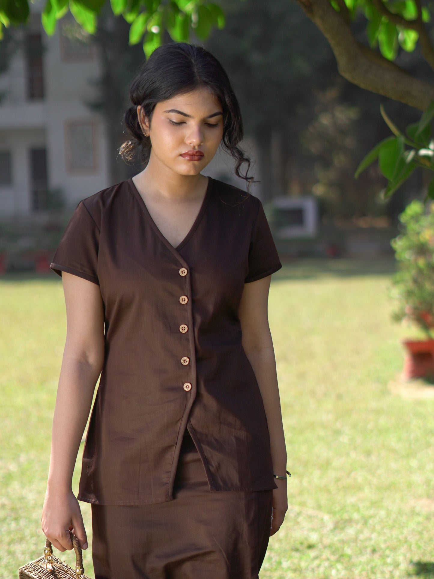 Brown Button Down V-Neck Top