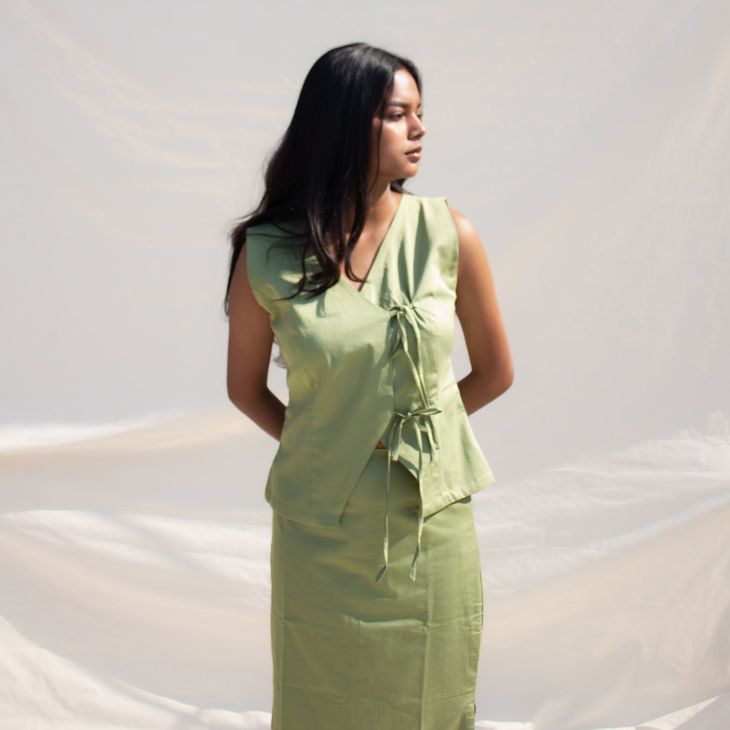 Pista Green Tie Up Cotton Top