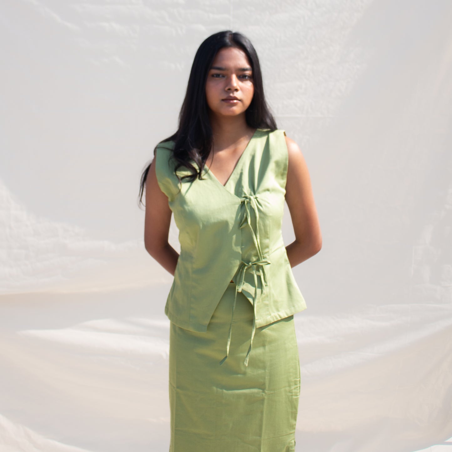 Pista Green Tie Up Cotton Top