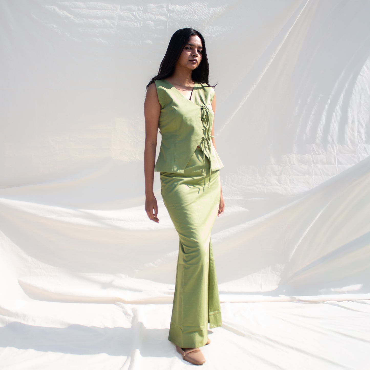 Pista Green Tie Up Cotton Top