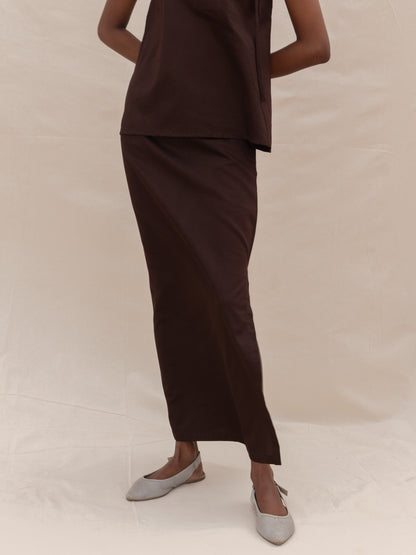 Brown Maxi Knee High Slit Cotton Skirt