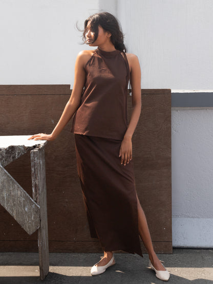Brown Maxi Knee High Slit Cotton Skirt
