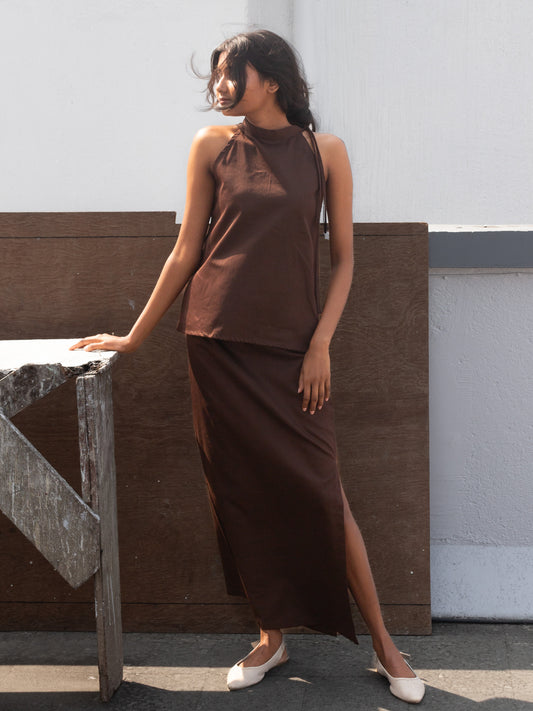 Brown Maxi Knee High Slit Cotton Skirt