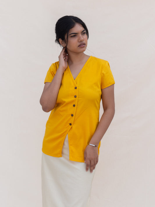 Yellow Button Down V-Neck Top