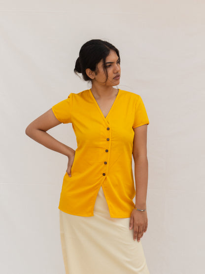 Yellow Button Down V-Neck Top