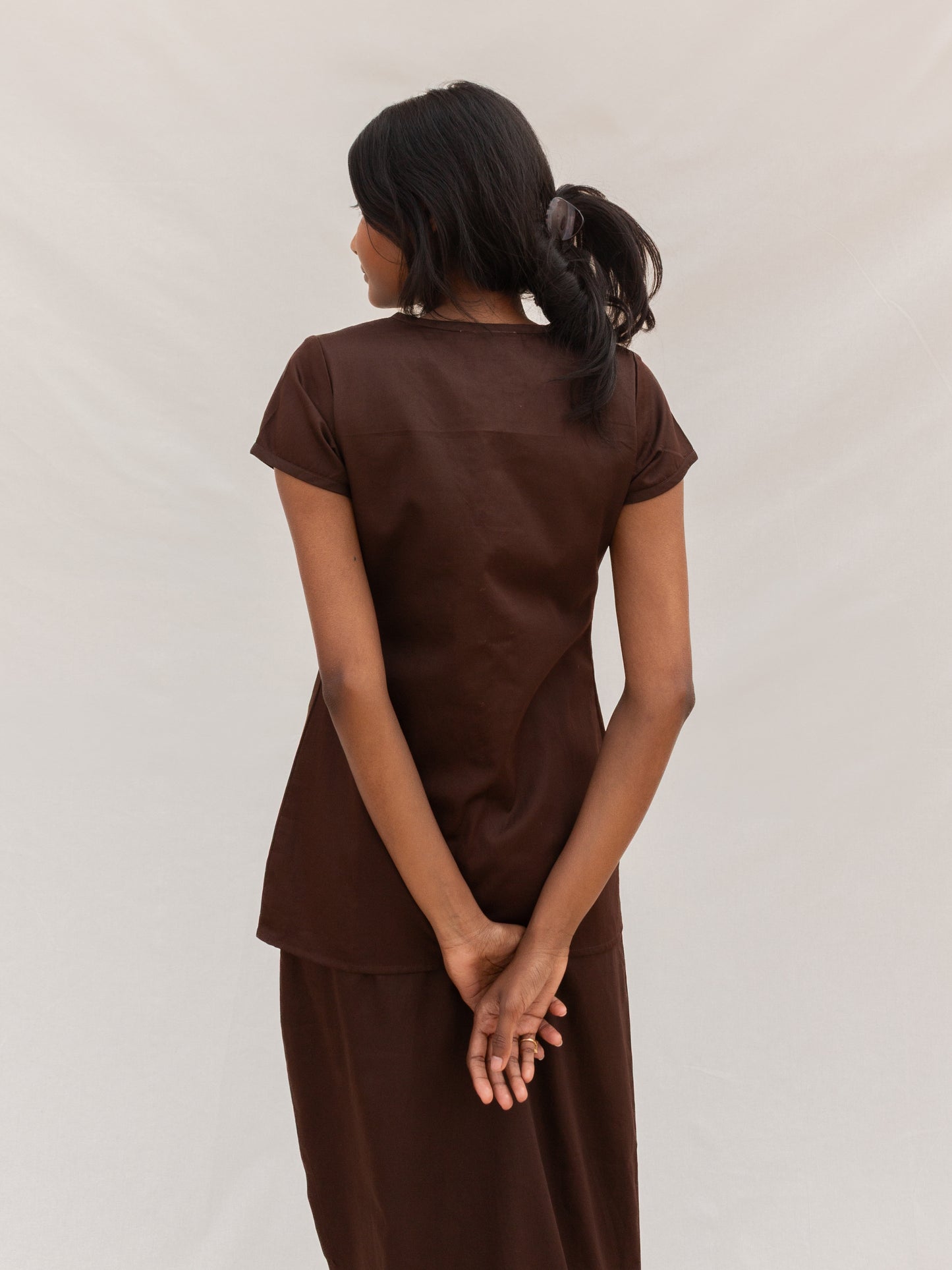 Brown Button Down V-Neck Top