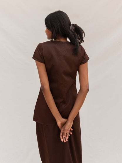 Brown Button Down V-Neck Top