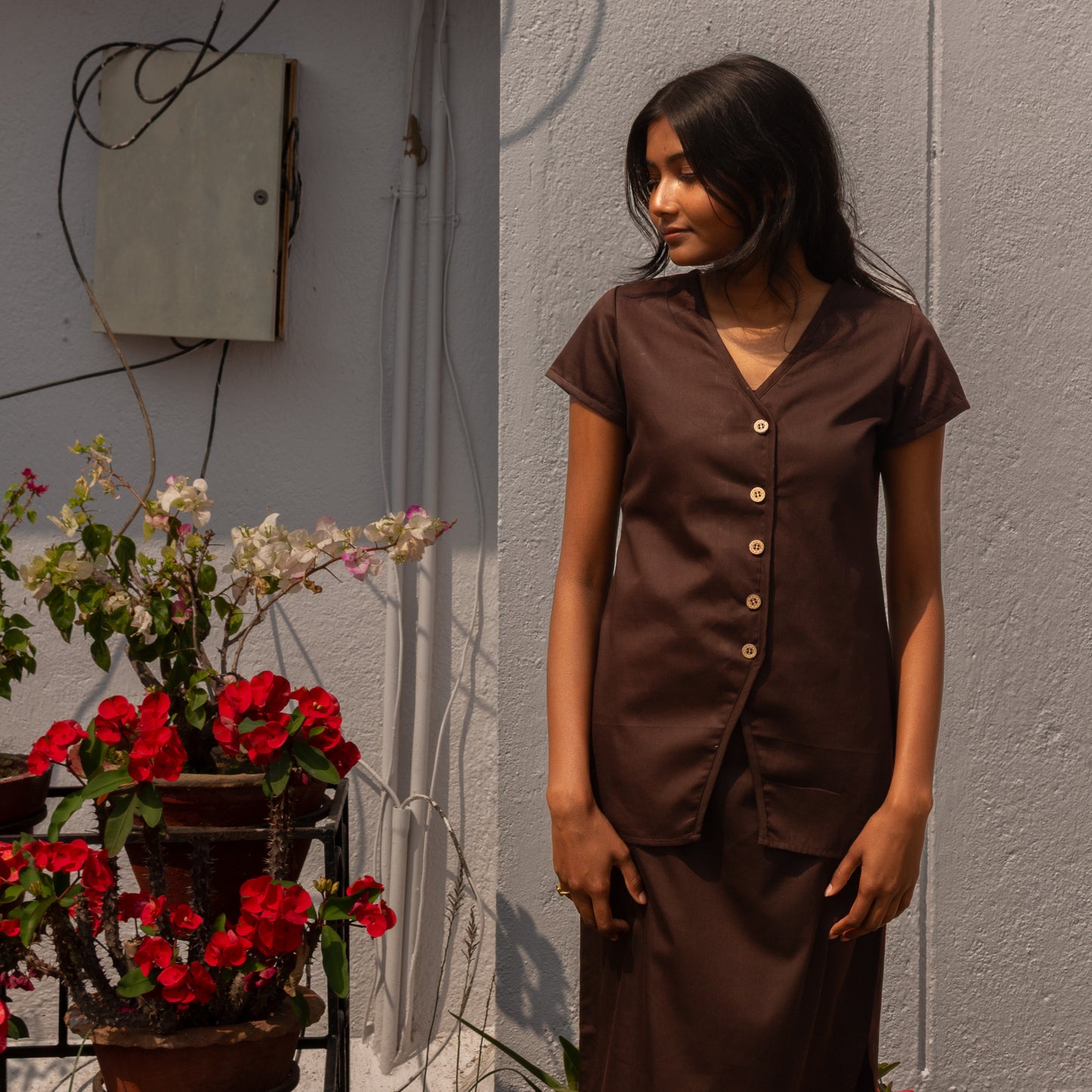 Brown Button Down V-Neck Top