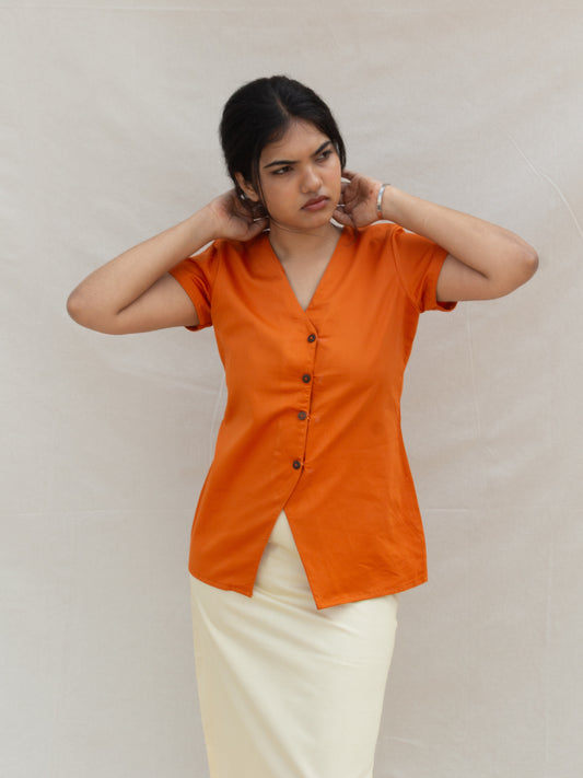 Orange Button Down V-Neck Top