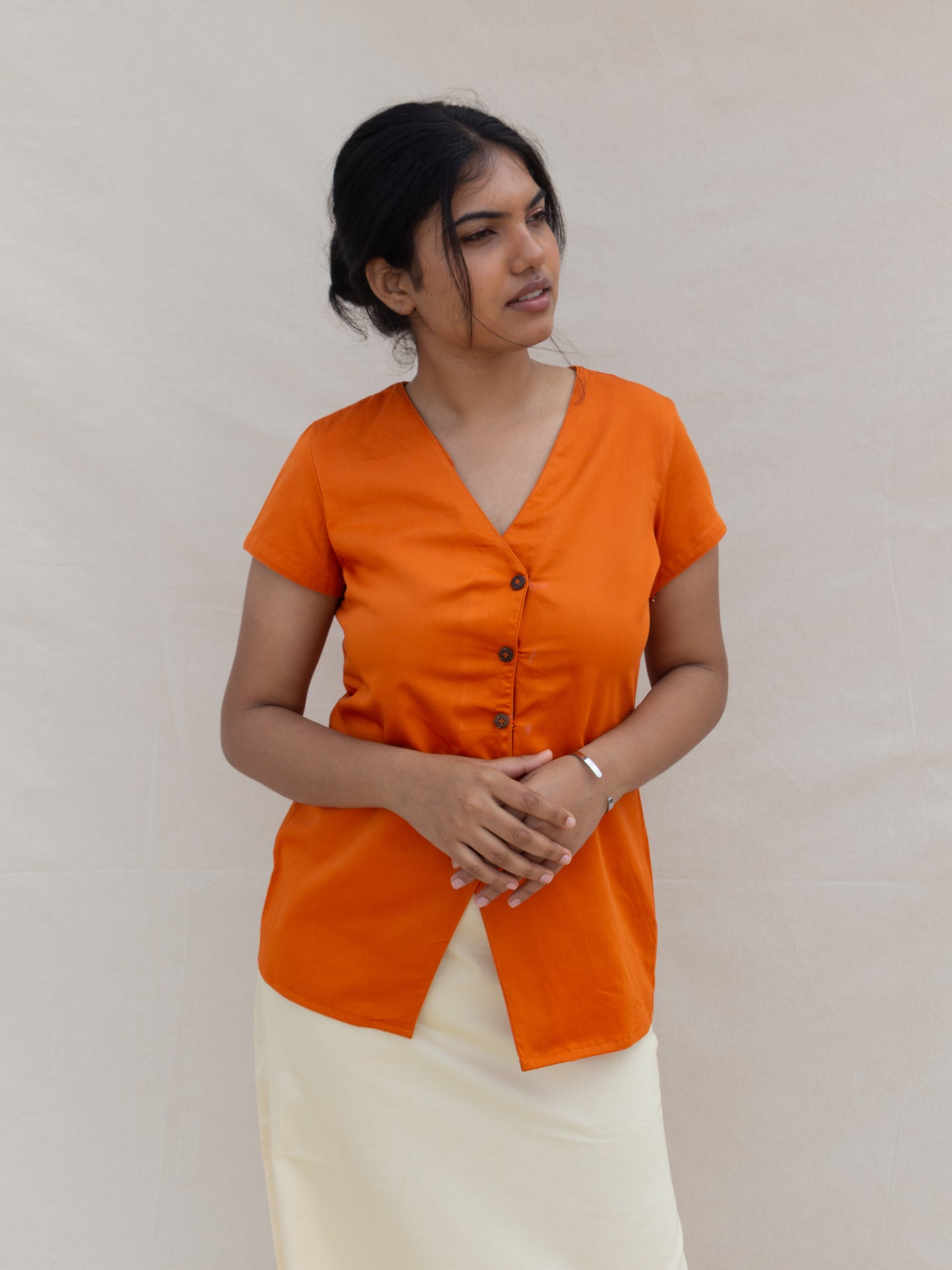 Orange Button Down V-Neck Top