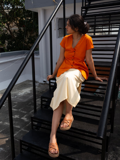 Orange Button Down V-Neck Top