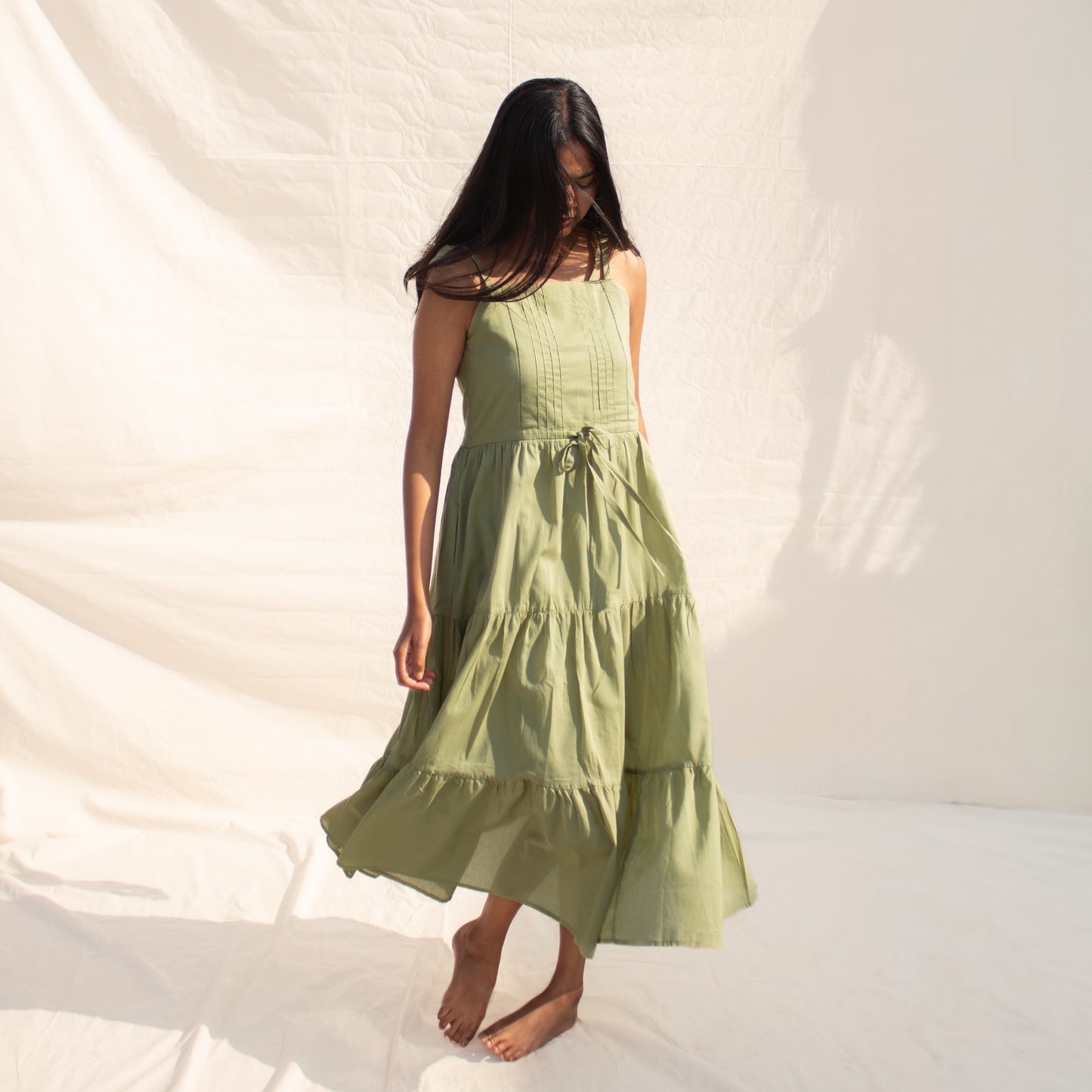 Pista Green Square Neck Tiered Dress