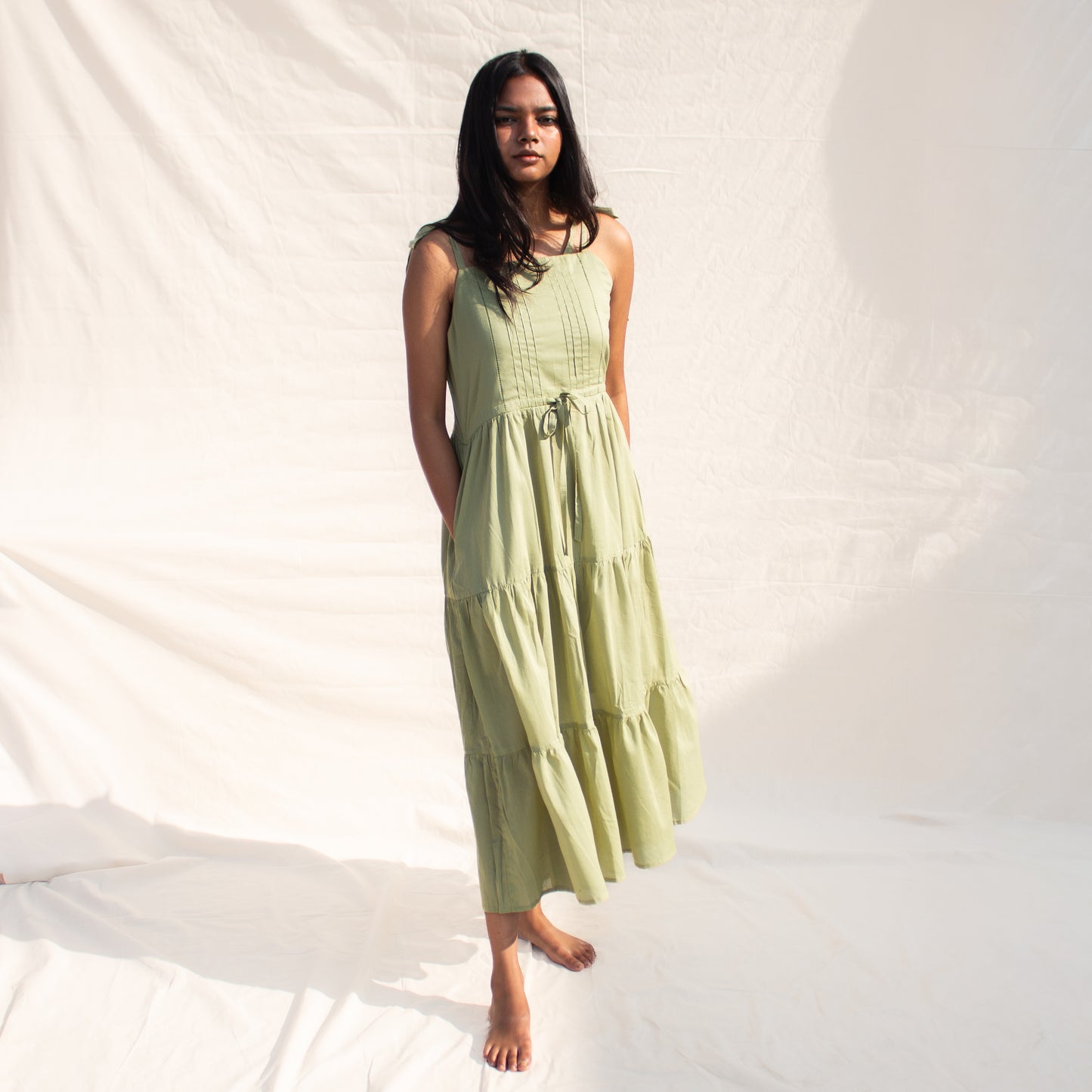 Pista Green Square Neck Tiered Dress