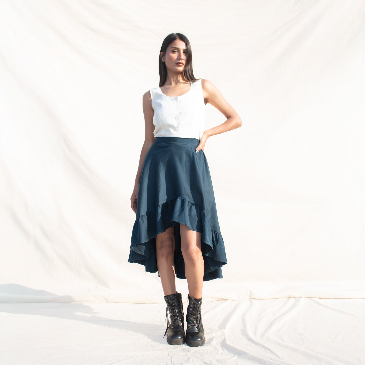 Teal Ruffled  Cotton Tiered Skirt
