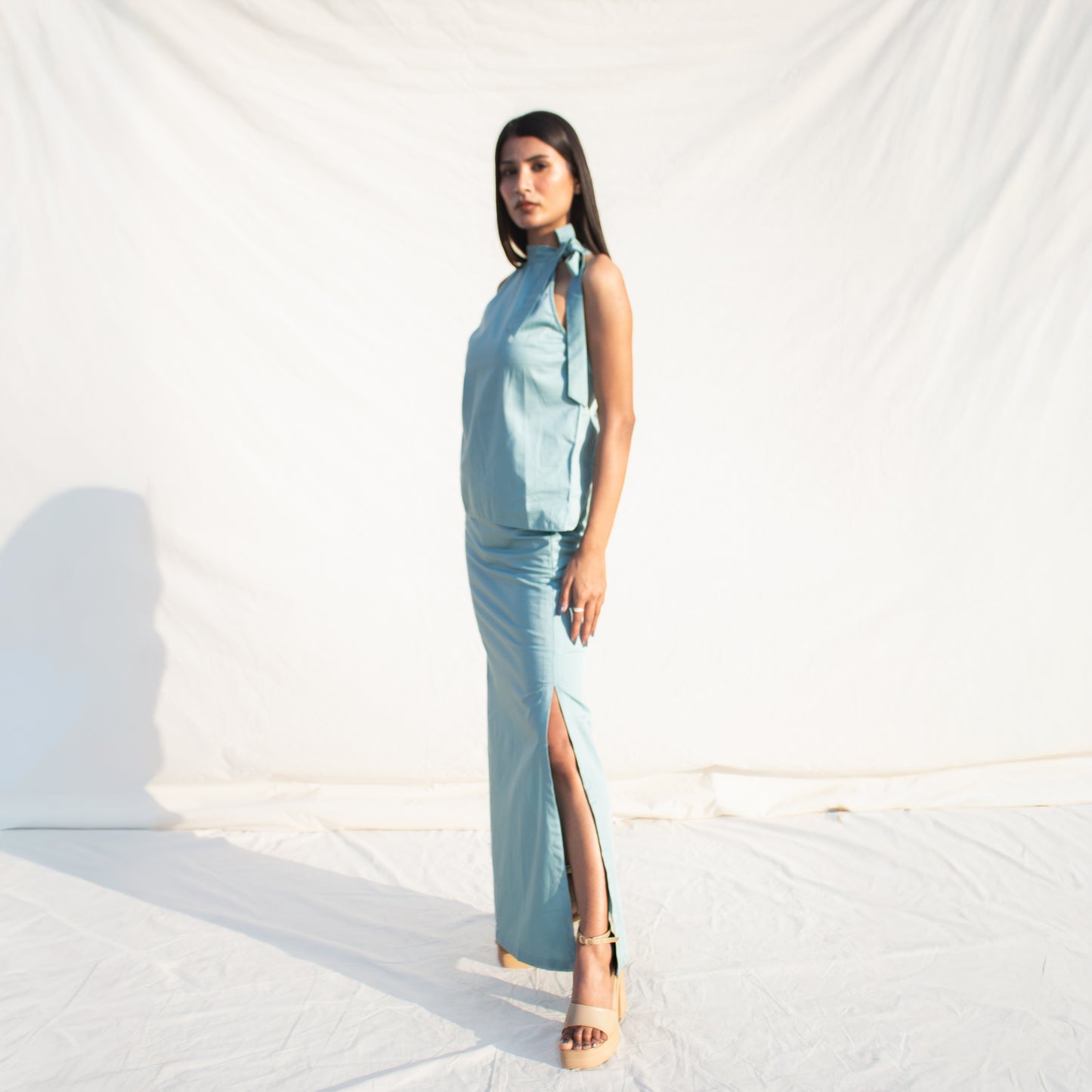 Powder Blue Halter Neck Cotton Top