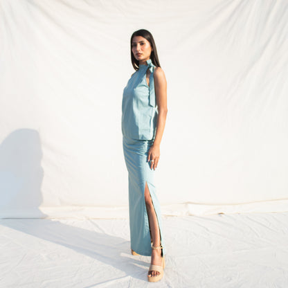 Powder Blue Halter Neck Cotton Top
