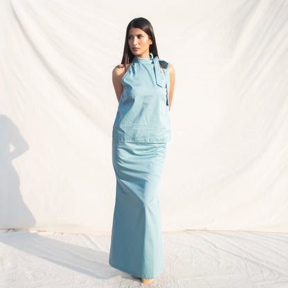 Powder Blue Maxi Knee High Slit Cotton Skirt