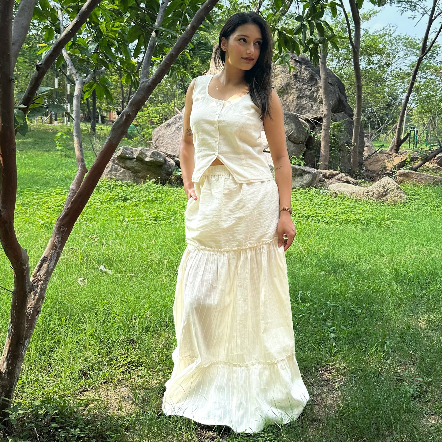 White Maxi Cotton Tiered Skirt