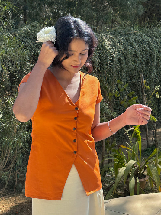 Orange Button Down V-Neck Top