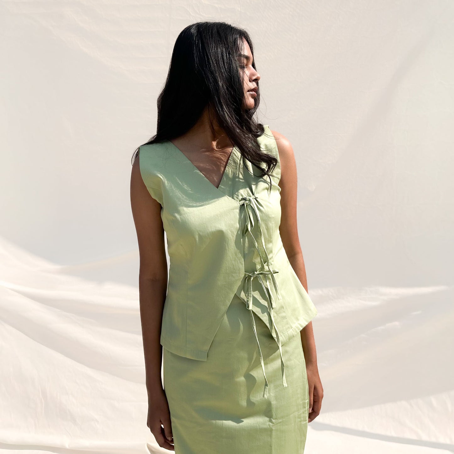 Pista Green Tie Up Cotton Top