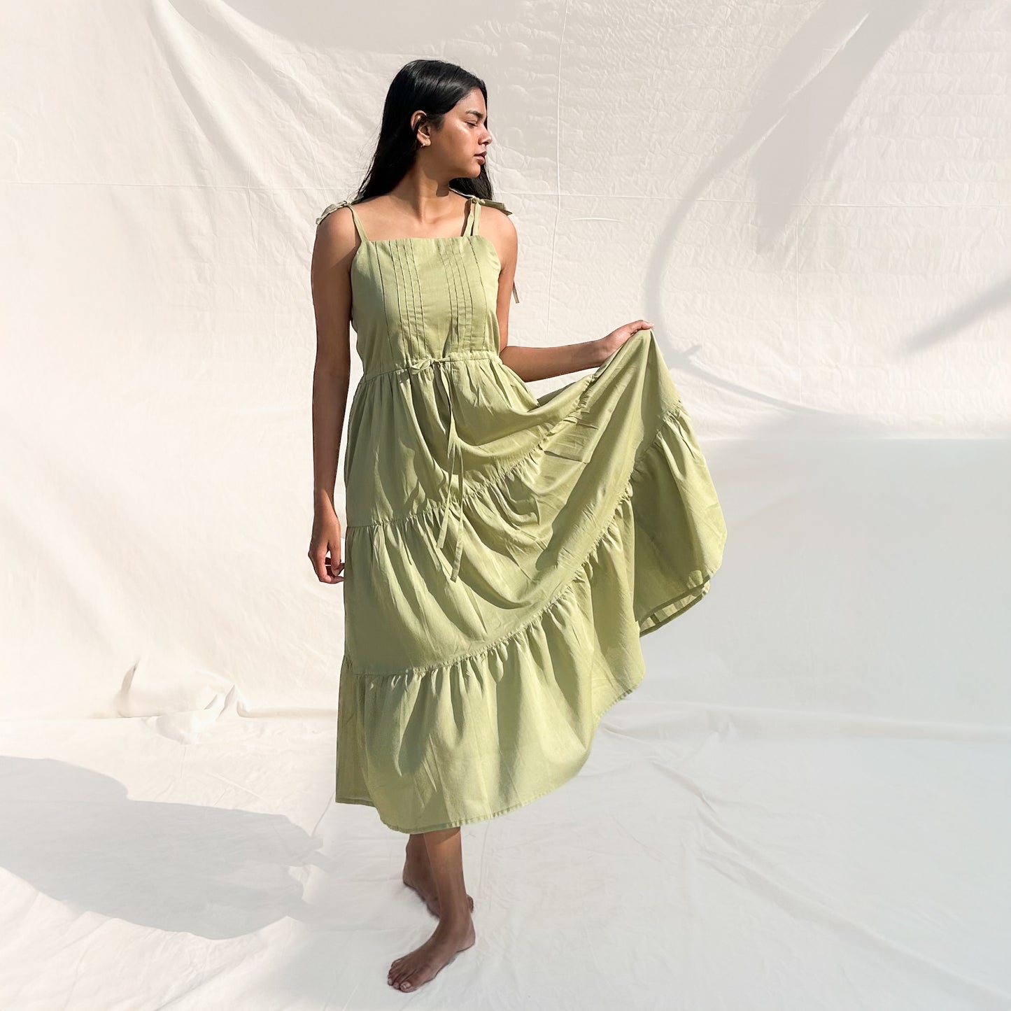 Pista Green Square Neck Tiered Dress