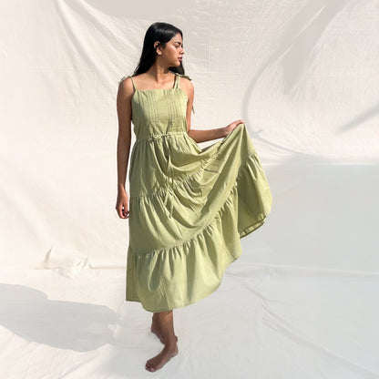 Pista Green Square Neck Tiered Dress