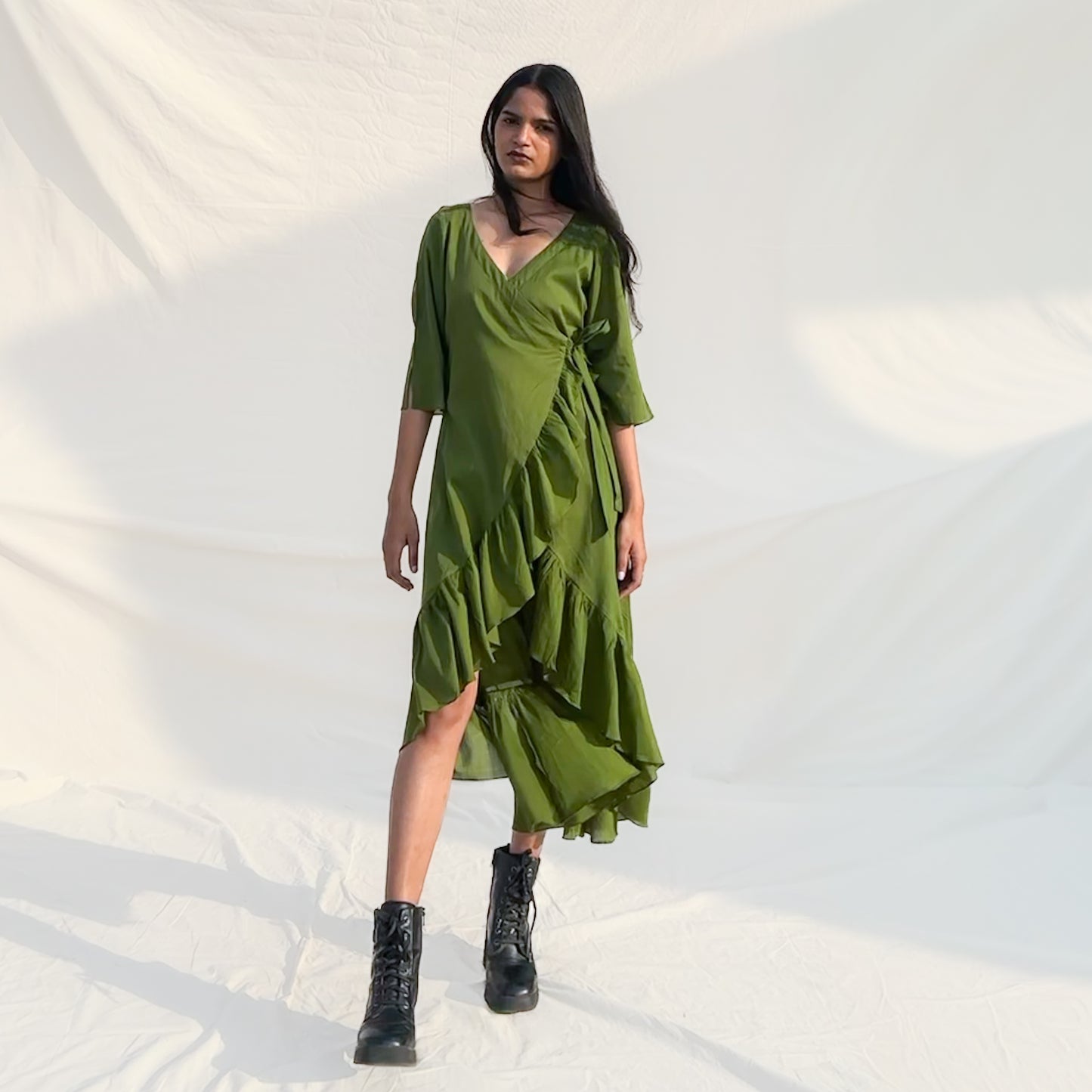 Olive Ruffle Angarakha Dress