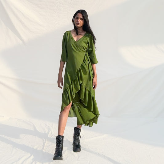 Olive Ruffle Angarakha Dress