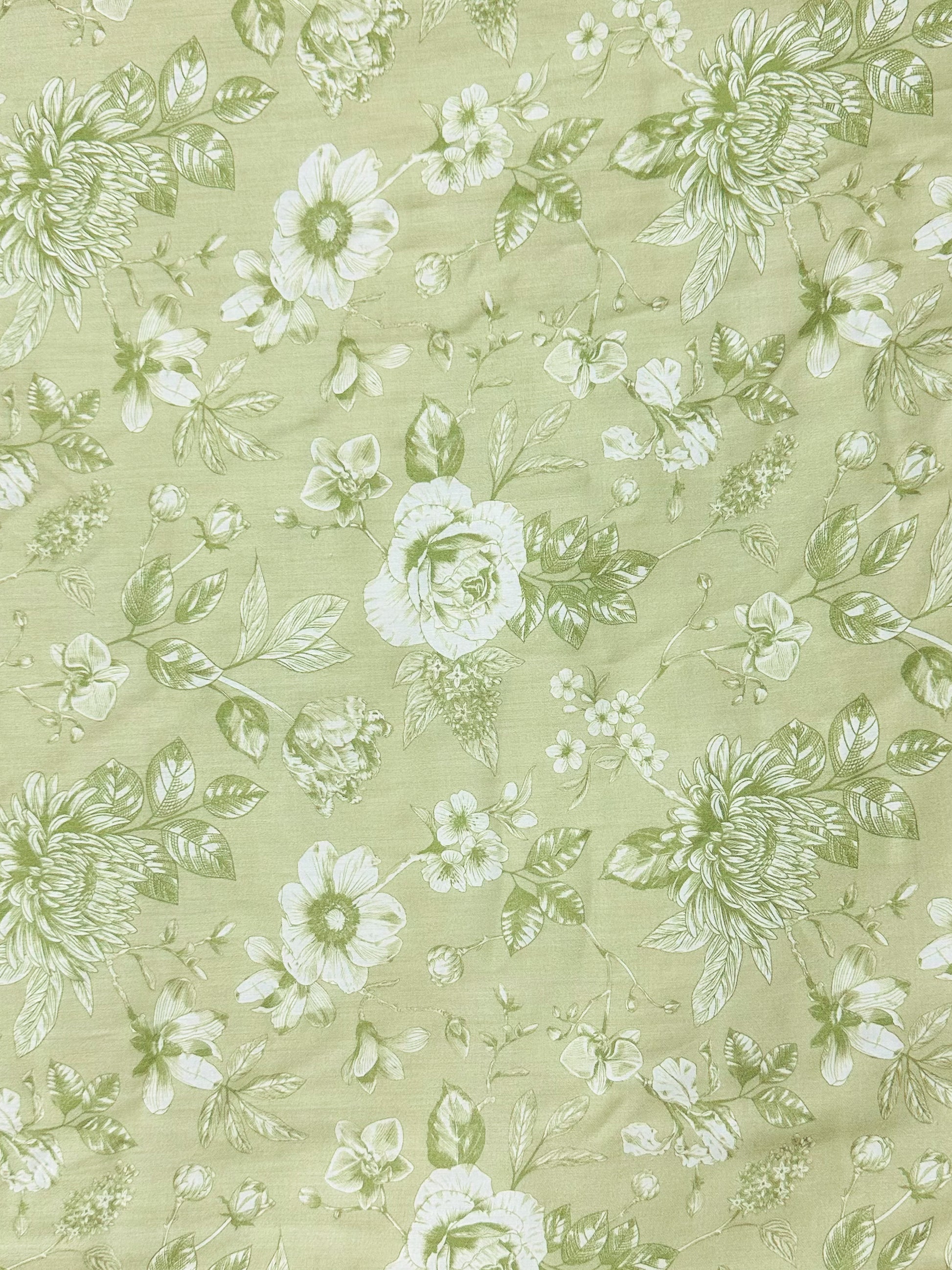 Floral pattern with white flowers and green leaves on a light green background