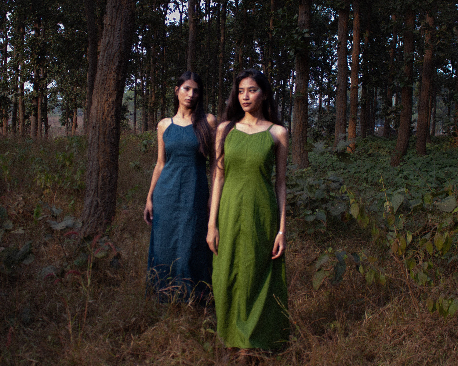 Two women standing in a forest, one in a blue dress and the other in a green dress.
