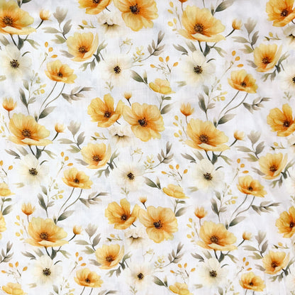 Pattern of yellow flowers on a white background
